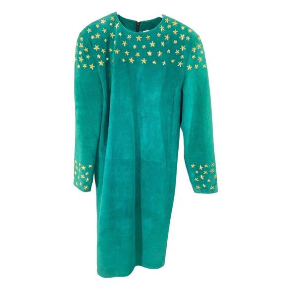 Vintage 1980s Pia Rucci 100% Leather‎ Suede Dress Gold Star Studs  Sz 10 - Picture 1 of 8